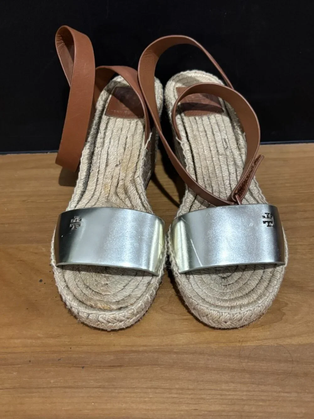 Tory Burch Silver Leather Toe and Brown Ankle-Strap Espadrille Wedges